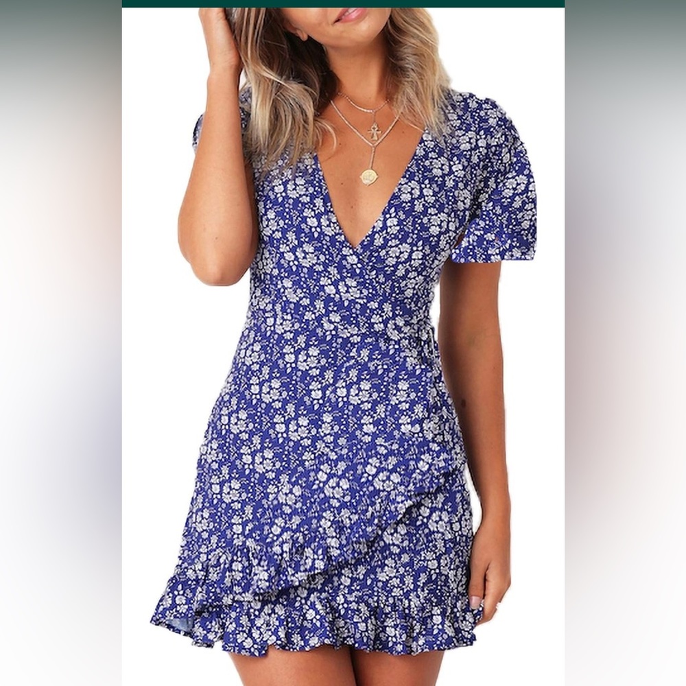 Relipop Women Short Sleeve Floral Print tie Dress V Neck